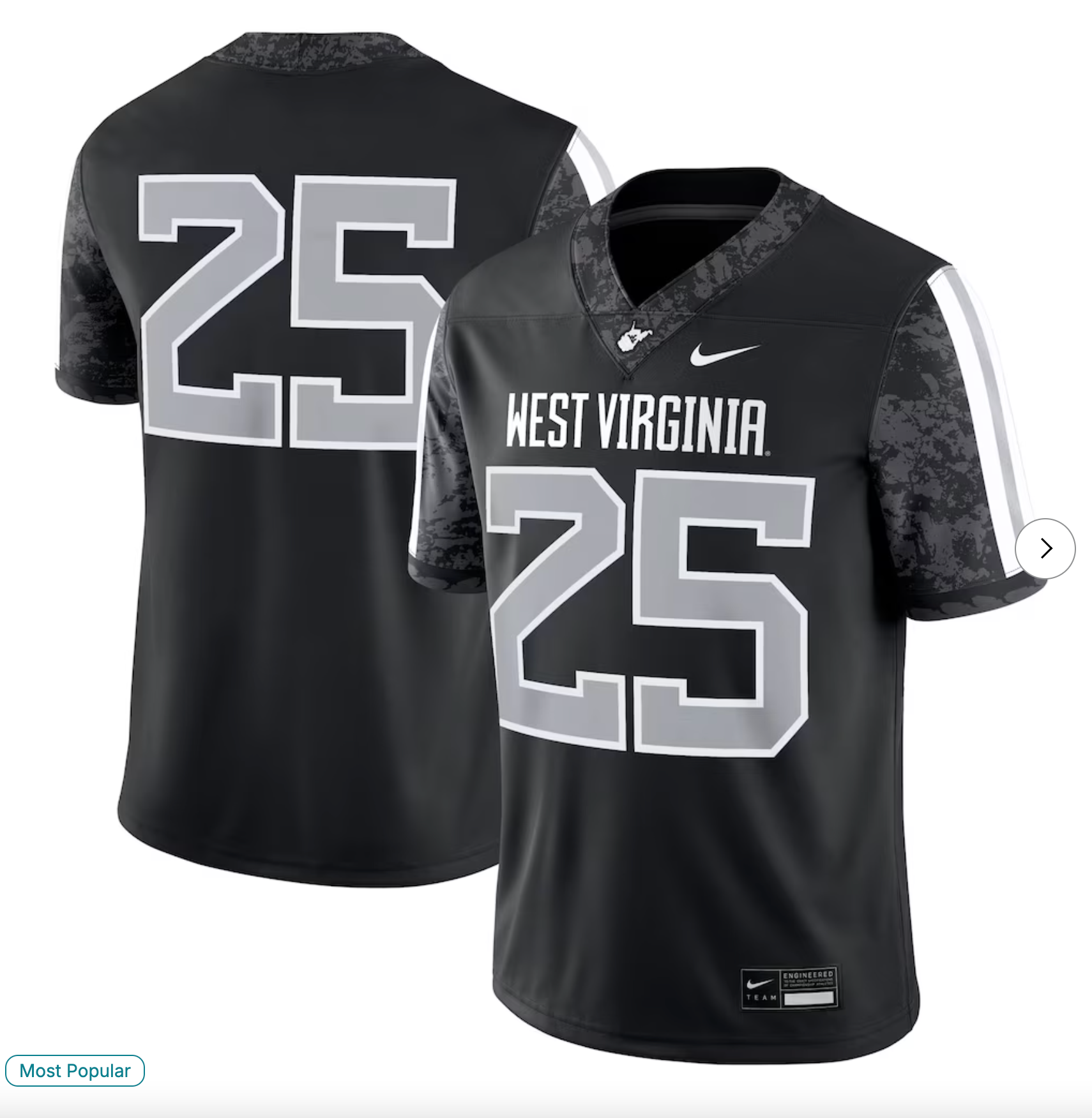 #25 West Virginia Mountaineers Nike Alternate Game Jersey - Black