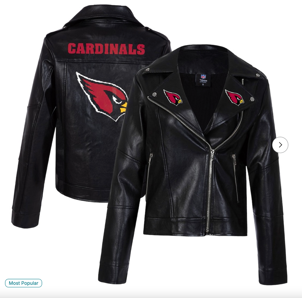 Arizona Cardinals Cuce Women's Vegan Leather Full-Zip Moto Jacket with Rhinestones - Black